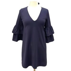NWT Susana Monaco Navy Stretch V Neck 3/4 Sleeve Ruffle Bell Sleeve Dress